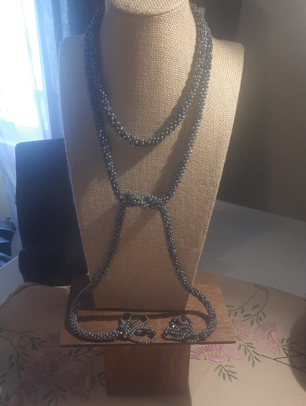 Handmade Hematite Gray Beaded Rope Lariat Necklace